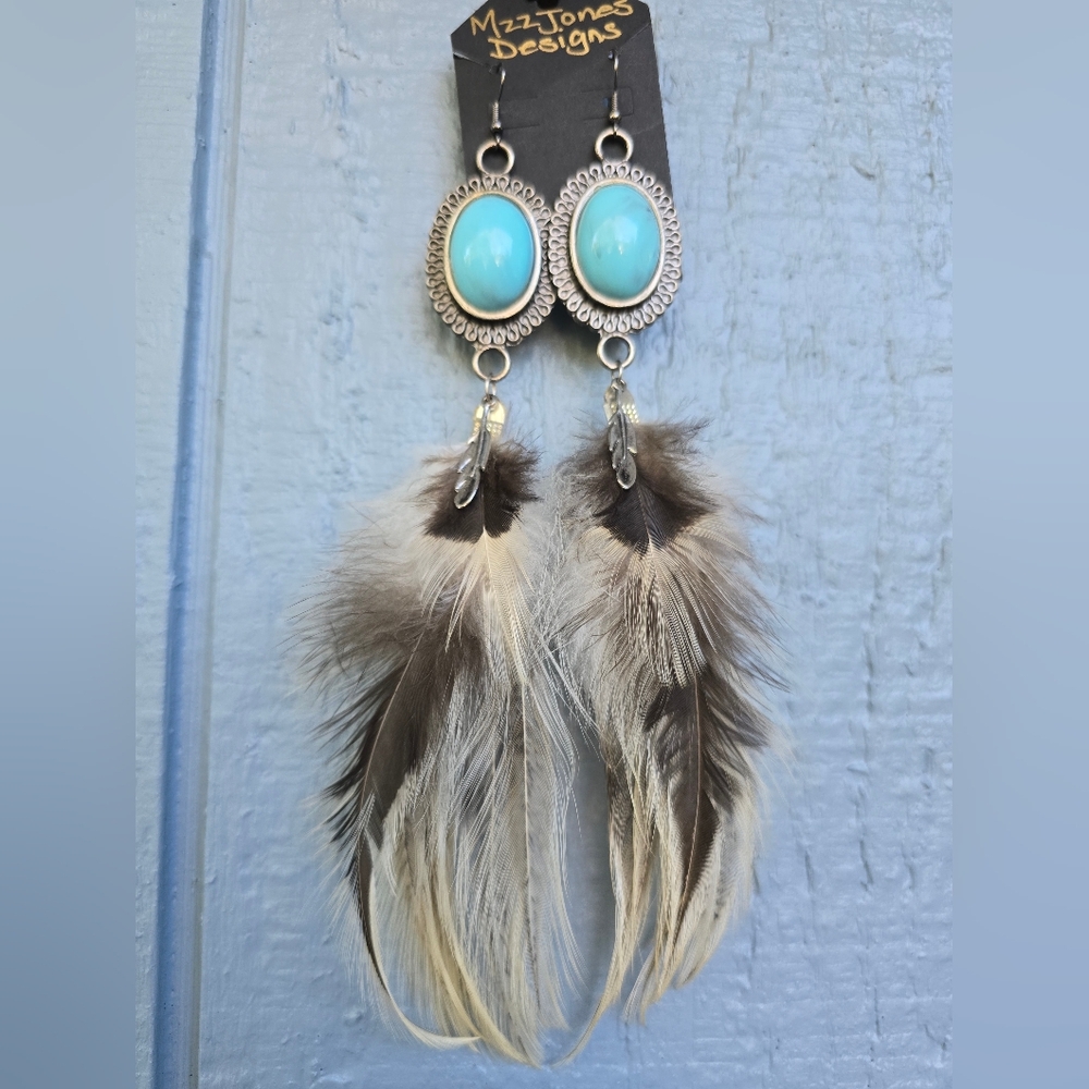 New! Hand Crafted Turquoise Color Blue Feather Dangle Earrings Native Boho